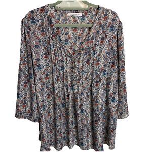 Rose + Olive Pintuck Blouse 2X Floral Blue White Pink Work Cottage Office Church